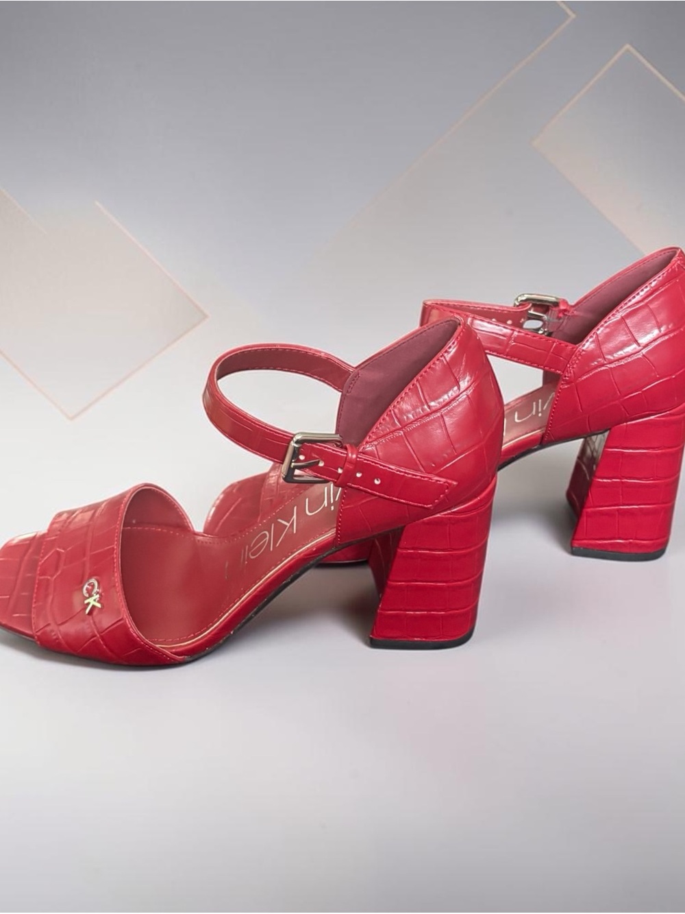 Calvin Klein Red Croc-Embossed Block Heel Sandals NIB